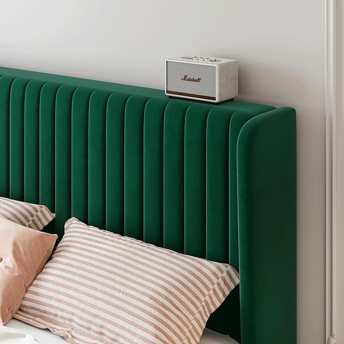 SHA CERLIN King Size Velvet Bed Frame with Vertical Channel Tufted Wingback Headboard, Upholstered Platform Bed with Wood Slats, No Box Spring Needed, Easy Assembly, Green