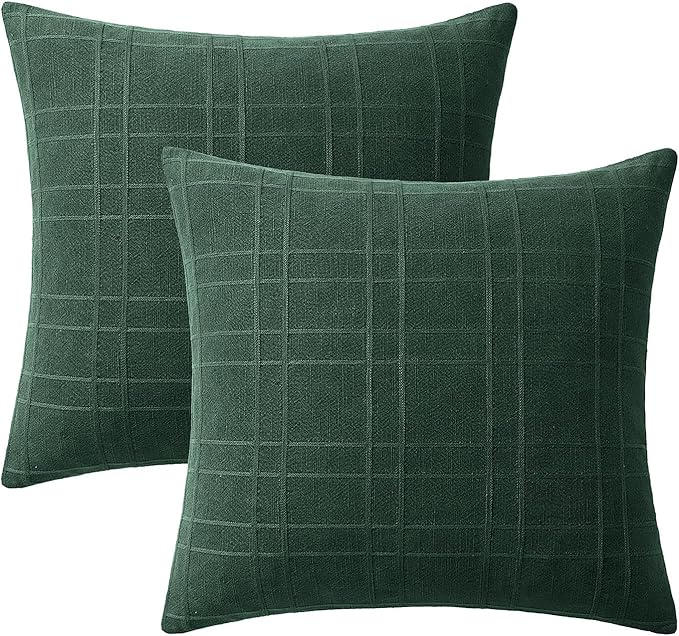 MIULEE Christmas Decorative Linen Check Euro Shams Throw Pillow Covers Neutral Farmhouse Vintage Pillow Covers 24x24 Set of 2 Boho Modern Home Decor for Sofa Couch Bedroom Cushion Dark Green