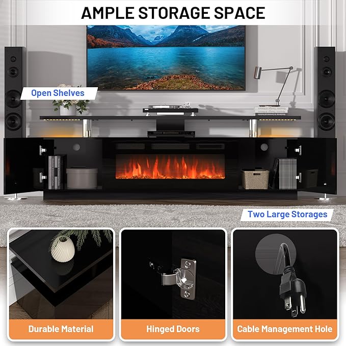 70 Inch Fireplace TV Stand with 36 Inch Electric Fireplace, 12 Colors LED Lights, 750W/1500W for Max 80 Inch TV, 2 Tier Storage 2 Door Cabinet