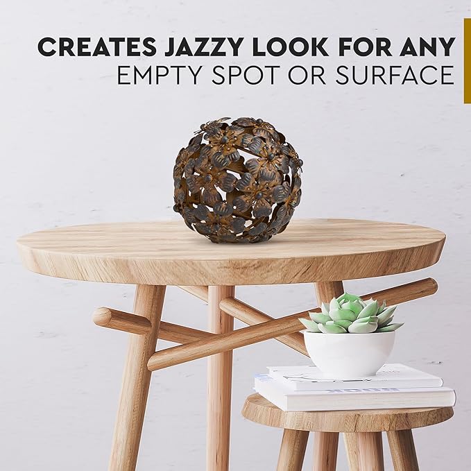 Everydecor Metal Decorative Sphere for Home Decor - Decorative Balls for Shelves, Centerpiece Bowls, Bookshelf - Decoration Orbs Accents for Living Room, Bedroom - Antique Brown Shelf Spheres