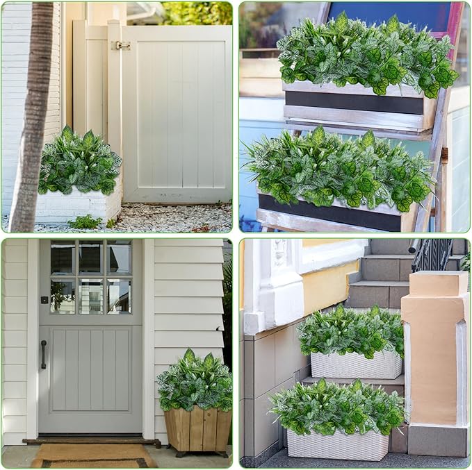 16Pack Artificial Plants Outdoor UV Resistant Faux Greenery Stems Shrubs with 7 Kinds of Fake Plastic Plant and Hanging Eucalyptus Plants Bushes Green Boxwood for Indoor Garden Patios Porches Decor