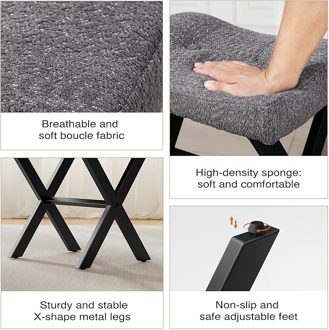 18-Inch Vanity Stool Chair, Vanity Bench with Metal X-Legs, Ottoman Accent Stool with Breathable and Soft Boucle Fabric Saddle Seat, Grey