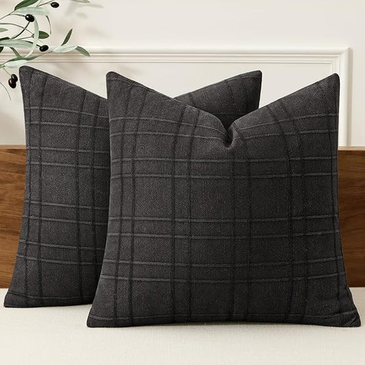 MIULEE Decorative Linen Check Throw Pillow Covers Neutral Farmhouse Vintage Pillow Covers 18x18 Set of 2 Boho Modern Home Decor for Sofa Couch Bedroom Cushion Black