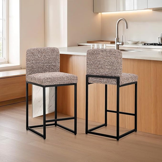ALPHA HOME 24" Bar Stools Set of 2 Kitchen Counter Stools with Back, Counter Height Stools with Upholstered Footrest for Kitchen Island, Metal Steel Frame, Chenille, Brown