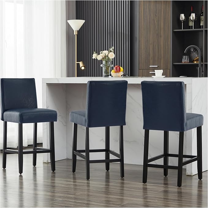 26'' Faux Leather Bar Stools Set of 3, Modern Upholstered Bar Chairs with Back, Soild Wood Legs Barstools for Kitchen Island, Blue