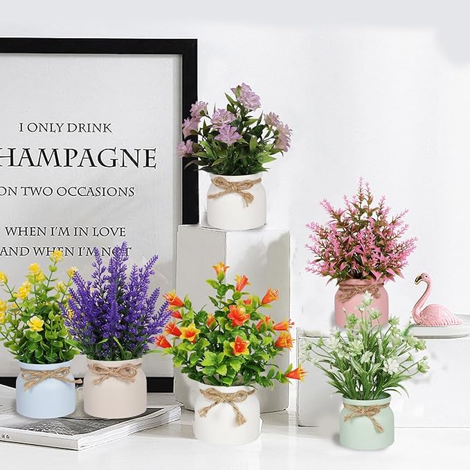 6pcs Artificial Pot Flowers Small Fake Plants with Pot Mini Potted Plants for House Office Tabletop Decoration