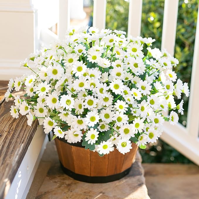 Daisy Artificial Flowers for Outdoors Fall Autumn Decoration, 6 Bundles Fake Mums White Silk Flowers for Outside Look Real UV Resistant Faux Flowers Plants for Planter Front Door Home Indoor Porch Urn