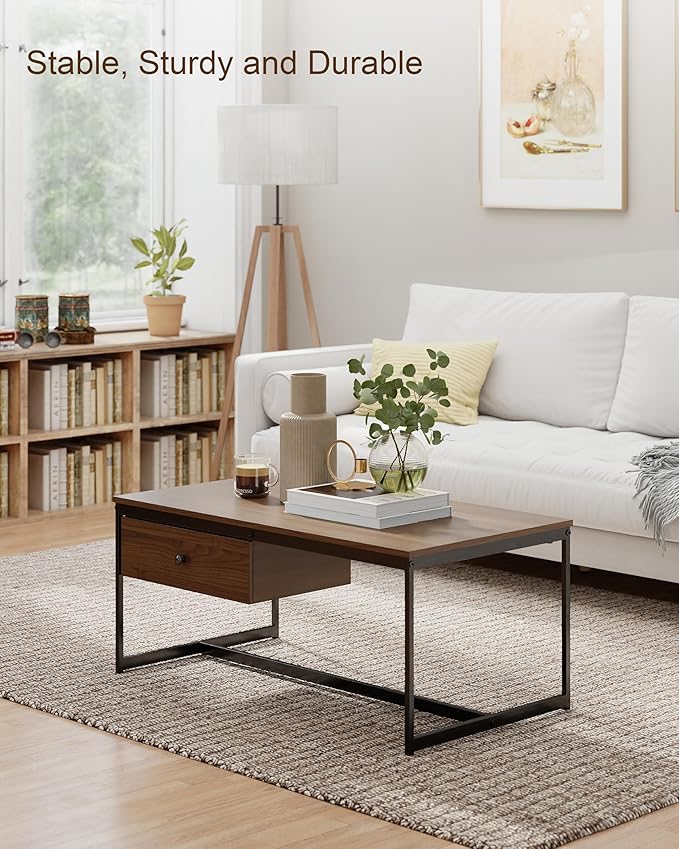 Manora Minimalist Coffee Table with Drawer, Modern Industrial Aesthetic Center Table for Living Room, Stylish Wood Modern Coffee Table with Storage, Walnut