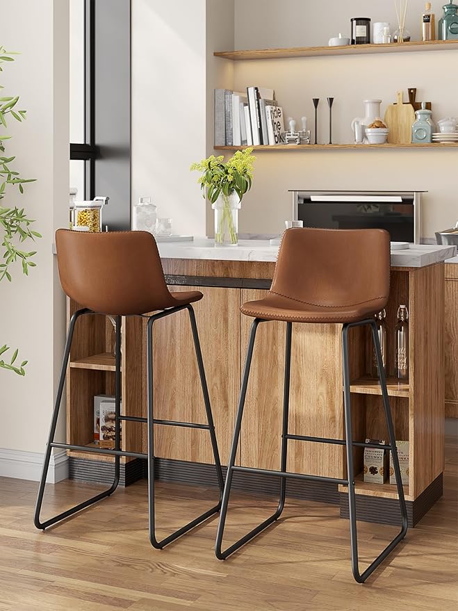 Bar Stools Set of 2, 30 Inches Counter Height Bar Stools with Back, Modern Faux Leather Barstools with Metal Legs and Footrest, Bar Chairs for Kitchens Island (Dark Brown)