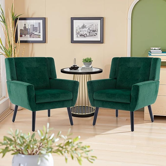 NicBex Accent Chair Set of 2, Modern Chair for Living Room Upholstered Foam Filled Living Room Chairs with Metal Legs Velvet Cozy Lounge Armchair for Living Room Bedroom,Retro Green