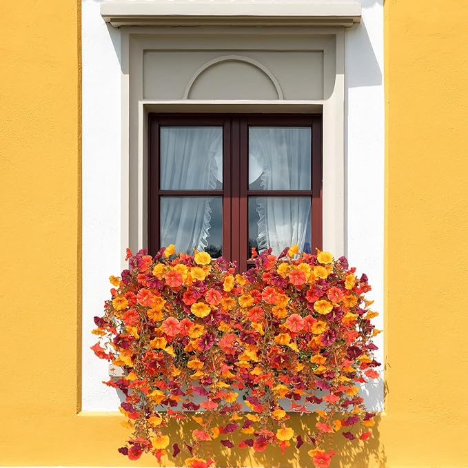 Artificial Mums for Outdoors, 4 pcs Fall Faux Flowers for Outdoor Planters, Fake Mums with Eucalyptus Leaves for Yard Patio Lawn Garden, Fall Porch Decor, Autumn Morning Glory Silk Flowers