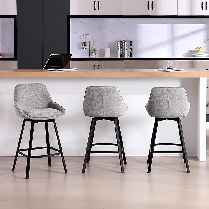 Zesthouse Swivel Bar Stools Set of 4, Modern Counter Height Barstools with Backs, 26'' Upholstered Linen Fabric High Chairs for Island Kitchen, Counter Height Chairs with Metal Legs, Grey