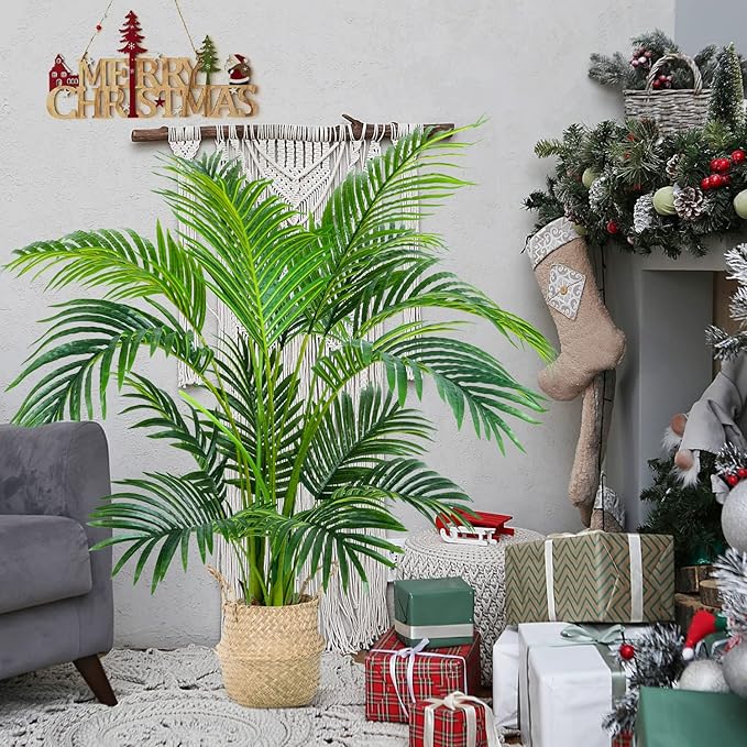 Worth Garden 4ft Artificial Areca Palm Plant 2 Packs in Pot, Fake Cane Palm Silk Tree Indoor Outdoor, Dypsis Lutescens, 47in Lifelike Faux Silk Plant Home Decor, Two Linen Bags Included