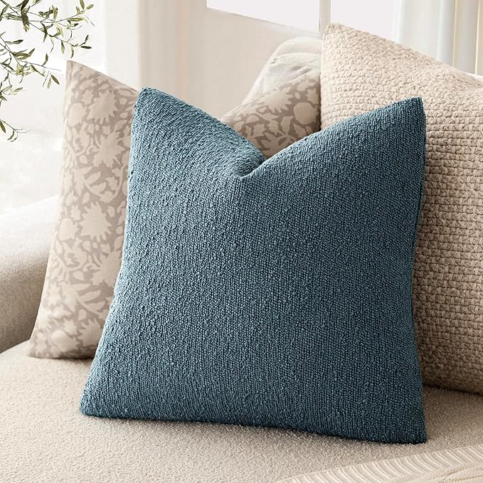 Foindtower Pack of 2 Textured Boucle Throw Pillow Covers Accent Solid Decorative Pillow Cases Cozy Woven Couch Cushion Case for Sofa Bedroom Living Room Home Decor 20x20 Inch Misty Blue