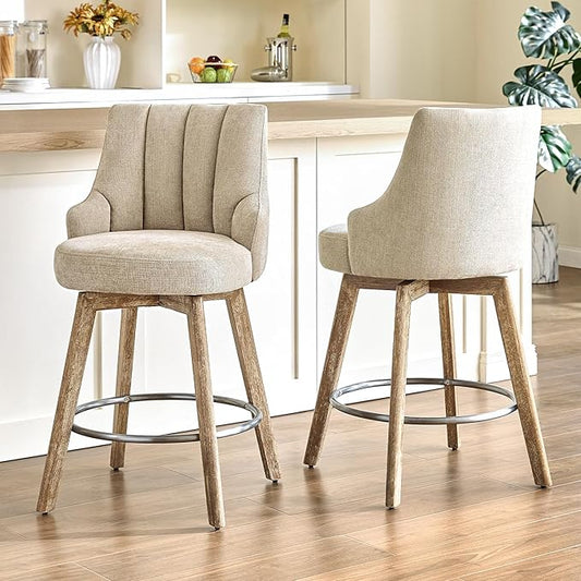 IWOOD Counter Height Bar Stools,Swivel Bar Stools with Backs,Barstools Set of 2,26'' Solid Wood Legs,Thick Seat Upholstered Linen Fabric Counter Height Stools in Sand