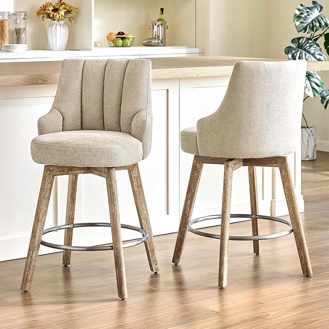 Counter Height Bar Stools,Swivel Bar Stools with Backs,Barstools Set of 4,26'' Solid Wood Legs,Thick Seat Upholstered Linen Fabric Counter Height Stools in Sand