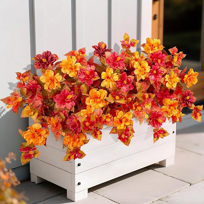 Fake Fall Flowers Artificial for Outdoors Decoration 2PCS Faux Orange Flowers for Outdoor Planters Outside Hibiscus Flower Fall Décor for Home Front Porch Yard Patio