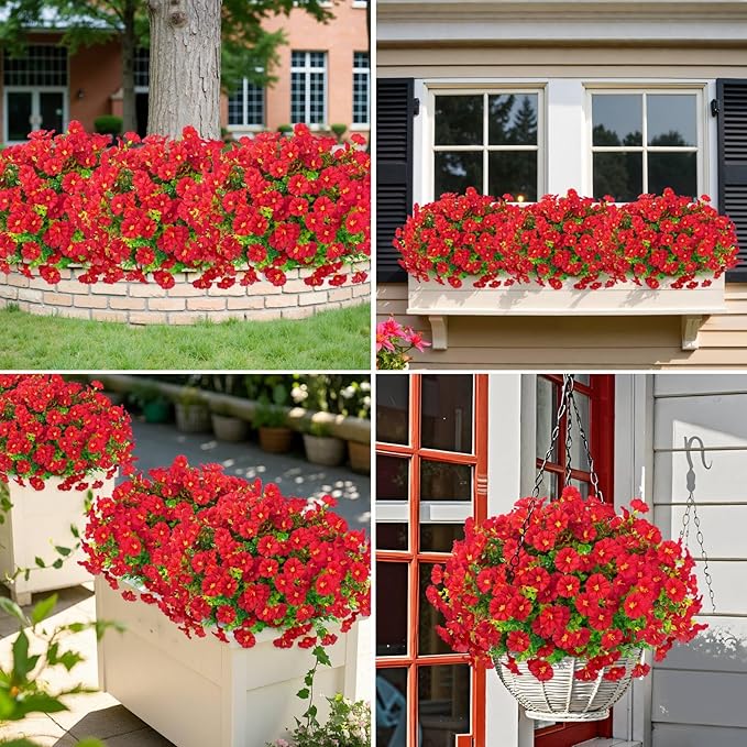 Ouddy Decor 24 Bundles Artificial Flowers for Outdoors Decoration Fake Silk Morning Glory Flowers Faux Eucalyptus Plants UV Resistant for Porch Patio Garden Spring Summer Home Decor, Red