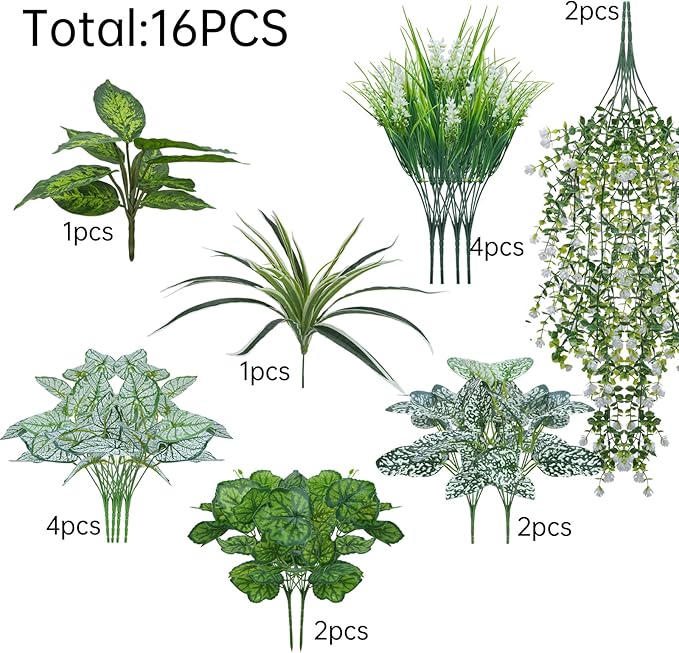 16Pack Artificial Plants Outdoor UV Resistant Faux Greenery Stems Shrubs with 7 Kinds of Fake Plastic Plant and Hanging Eucalyptus Plants Bushes Green Boxwood for Indoor Garden Patios Porches Decor