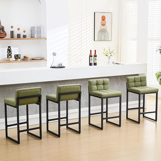 Counter Height Bar Stools Set of 4, Modern Counter Stools with Back and Thickened Metal Legs, Armless Bar Chairs for Kitchen Island (Avocado Green, 4Pcs 26" Bar Stools)