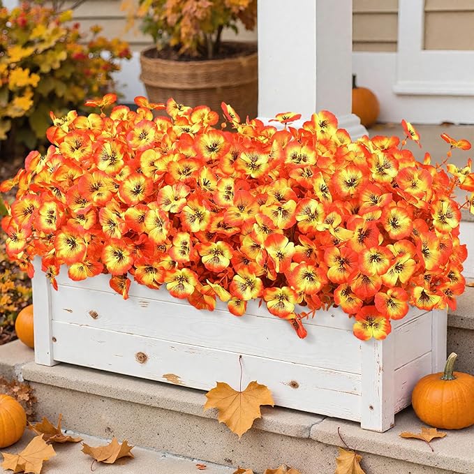 6 Bundles Artificial Fall Flowers for Outdoors Autumn Decorations, Fake Big Pansies Silk Plants UV Resistant Realistic Faux Flowers Plants for Planter Porch Patio Window Decor, Autumn Orange