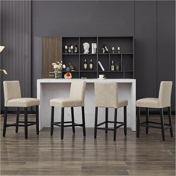 26'' Faux Leather Bar Stools Set of 4, Modern Upholstered Bar Height Bar Chairs, Soild Wood Legs Barstools with Back, Beige
