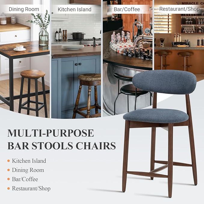 COLAMY Upholstered Counter Height Bar Stools Set of 2, Modern Kitchen Island Barstools Chairs with Back and Wood Legs for Dining Room Bar, Blue