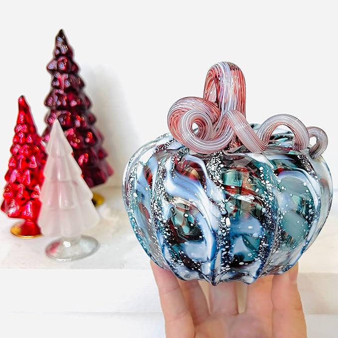 Luke Adams Glass Handmade Glass Pumpkins Handmade Table Top Home Decor (Squat, Winter Frost)