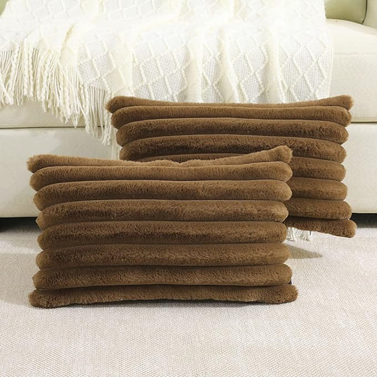 FUTEI Tan Striped Decorative Throw Pillow Covers 12x20 Inch Set of 2,Rectangle Fall Decorations Couch Lumbar Pillowcase,Soft Cozy Faux Rabbit Fur & Velvet Back,Modern Home Decor for Bed