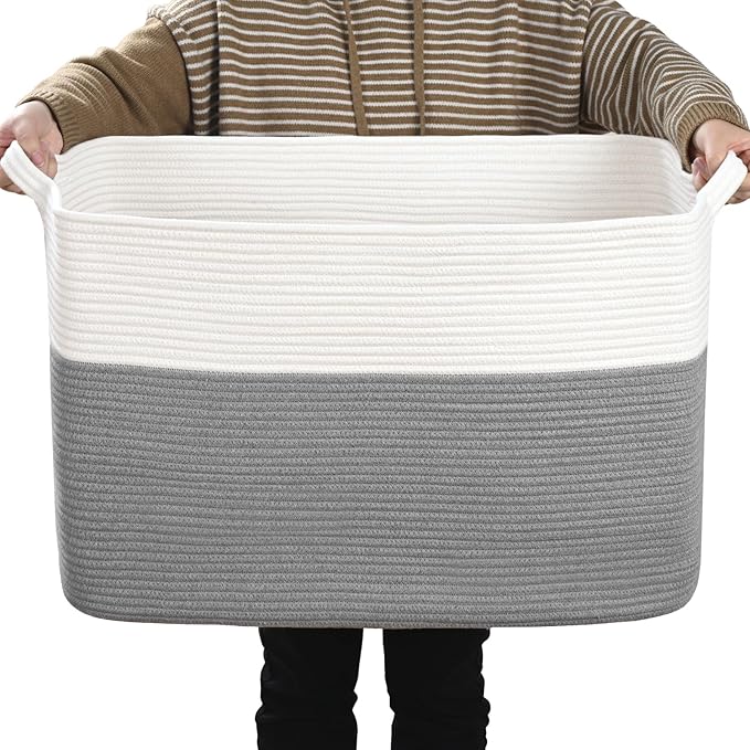 Large Blanket Basket, 100 L Rectangle Storage Baskets for Organizing, Woven Laundry Basket for Blankets, Cotton rope Blanket Storage for Living Room, Nursery Room, Gray