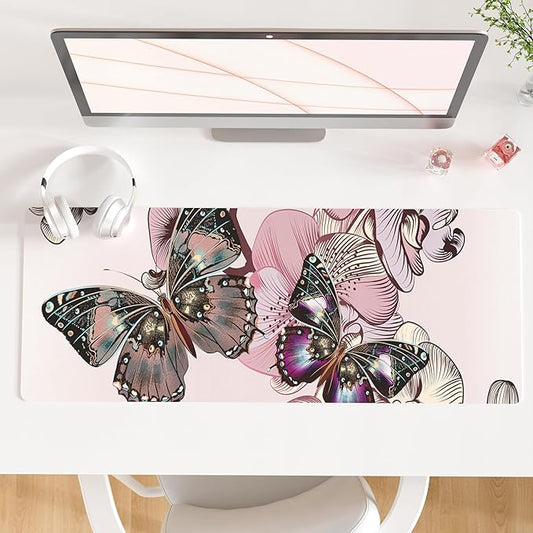 QIYI Large Mouse Pad, PU Leather Desk Blotter Protector, Waterproof Computer Desk Mat, Butterflies Keyboard Mouse Pads, Non Slip Base Home & Office Accessories, Extended Large Size 31.5" x 11.8"
