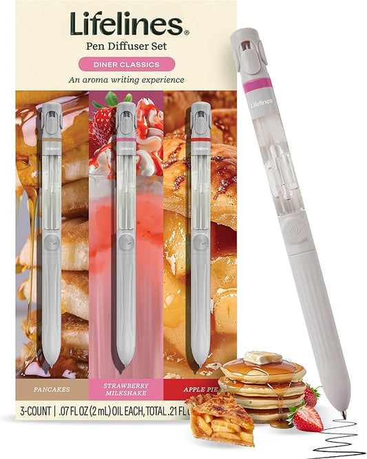 Lifelines Pen Diffuser Set, Diner Classics 3-Pack - 1mm Black Ballpoint Pens with Scented Essential Oil Blends – Aromatherapy Diffuser & Sensory Immersion Diffuse Aroma As You Write