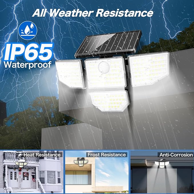 3000LM Outdoor Solar Light - Upgrade 4 Heads 188 LED Solar Motion Sensor Outdoor Lights, IP65 Waterproof Powered Light for Home Darkroom Backyard, 2 Pack