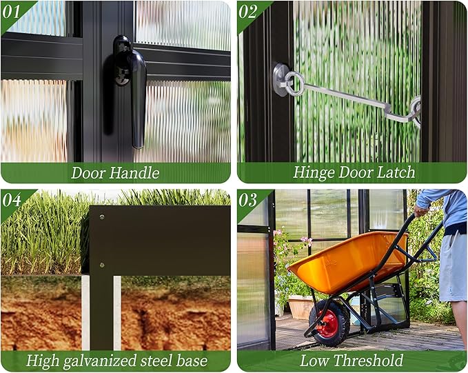 Jocisland 12x13.5x9 Polycarbonate Outdoor Aluminum Greenhouse - Quick Connect Fittings, 6.7 FT Height Bronze Double Doors, 4 Ventilation, Walk In Backyard Garden Greenhouse