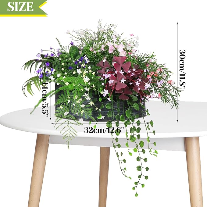 6 in 1 Artificial Plants & Flowers, Potted Fake Asparagus Oxalis BabyBreath Grass Plant for Home Decor Indoor Outdoor, Office Greenery Tabletop Centerpieces