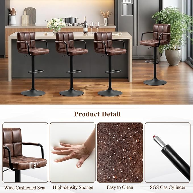 Furniliving Bar Stools Set of 2 with Back, Modern Square PU Leather Kitchen Stools with Armrest, Adjustable Counter Height Barstools for Kitchen Bar Pub Cafe (Darkbrown)