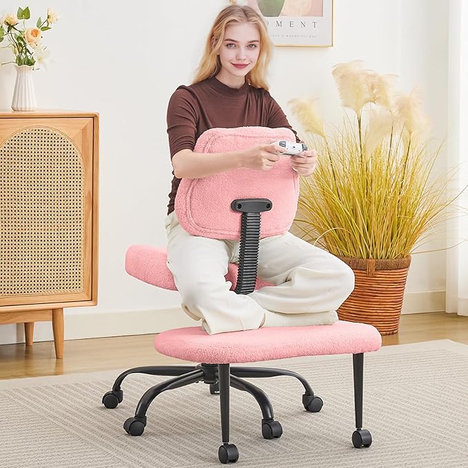 Criss Cross Legged Meditaion Chair,Exquisite Home Office Furniture,Ergonomic Kneeling with Lumbar Support and Adjustable Height Stool,for ADHD Adults,Teddy Fabric (Pink)