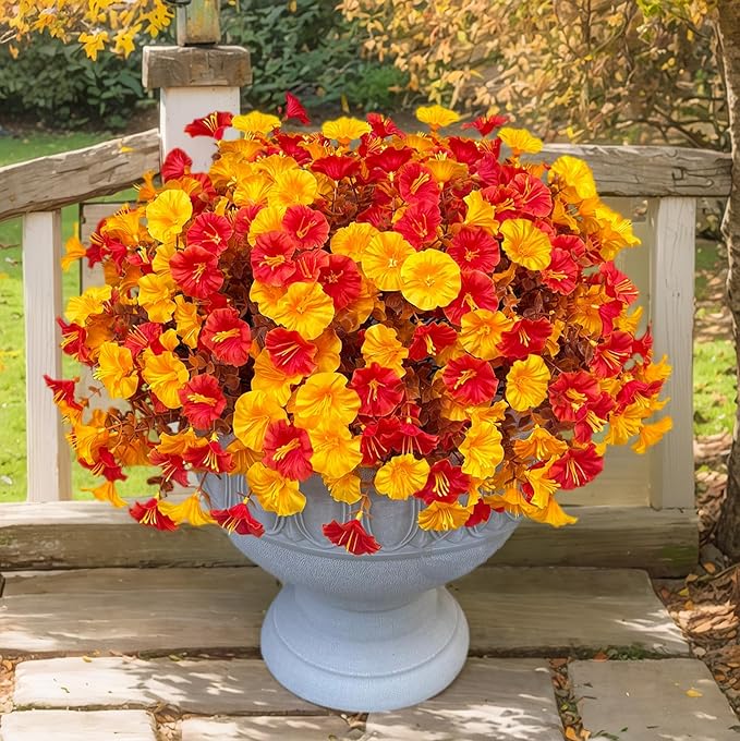 Artificial Fall Flowers for Outdoor, Fake Petunias Plants, Faux Flower, Fake Mums, 4PCS Fall Outdoor Decoration, UV Resistant, Silk Morning Glorias, for Home Garden Porch Planter (Golden Autumn)