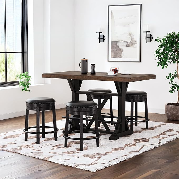 Signature Design by Ashley Valebeck Casual Round Faux Leather Upholstered Backless Counter Height Bar Stool with Footrest and Nailhead Trim, Black