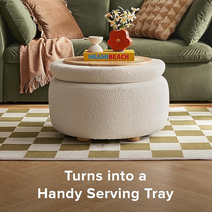 mopio Luna Round Ottoman with Storage and Tray, Round Coffee Table with Storage, Upholstered Foot Stools Ottoman for Living Room, Bedroom, with Solid Rubberwood Legs (Pearl White Performance Boucle)