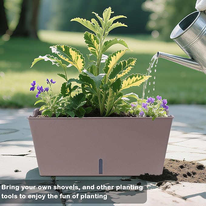 Window Box Planter 6 Pcs, 16.5 Inches Self Watering Rectangle Flower Plant Pots with Drainage Holes Trays, Vegetable Planters for Windowsill Patio Garden Balcony Porch Yard (Khaki)