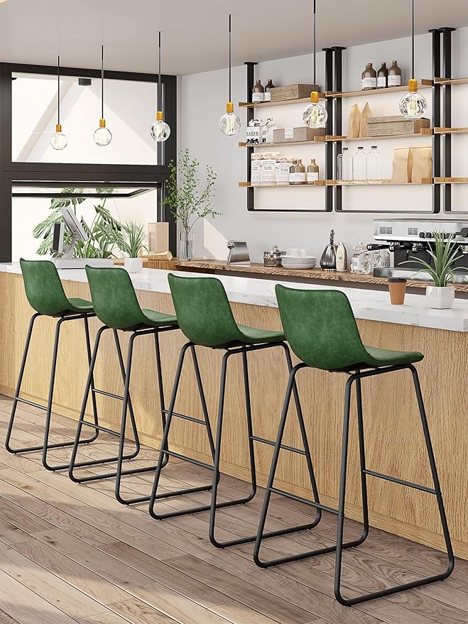 Bar Stools Set of 3, 30 Inches Counter Height Bar Stools with Back, Modern Faux Leather Barstools with Metal Legs and Footrest, Bar Chairs for Kitchens Island (Green)