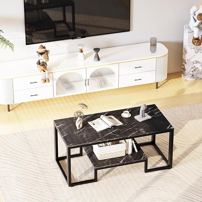 Coffee Table Black Table for Living Room,2 Tiers Rectangle Center Table with Sturdy Metal Frame,Modern Black Faux Marble Coffee Table for Bedroom Home Office