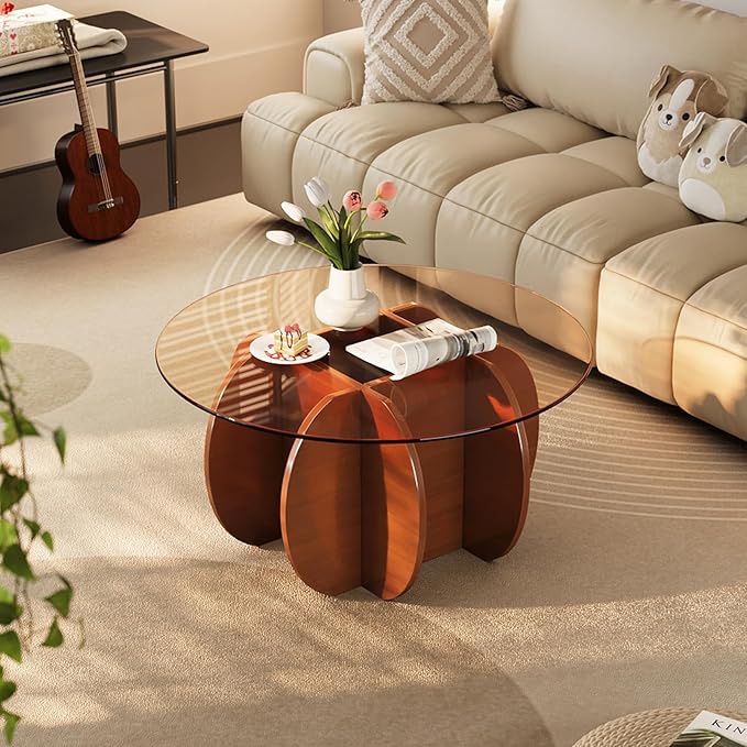 Coffee Table for Living Room Mid Century Modern Round Center Table with Glass Top and Wood, Walnut Brown