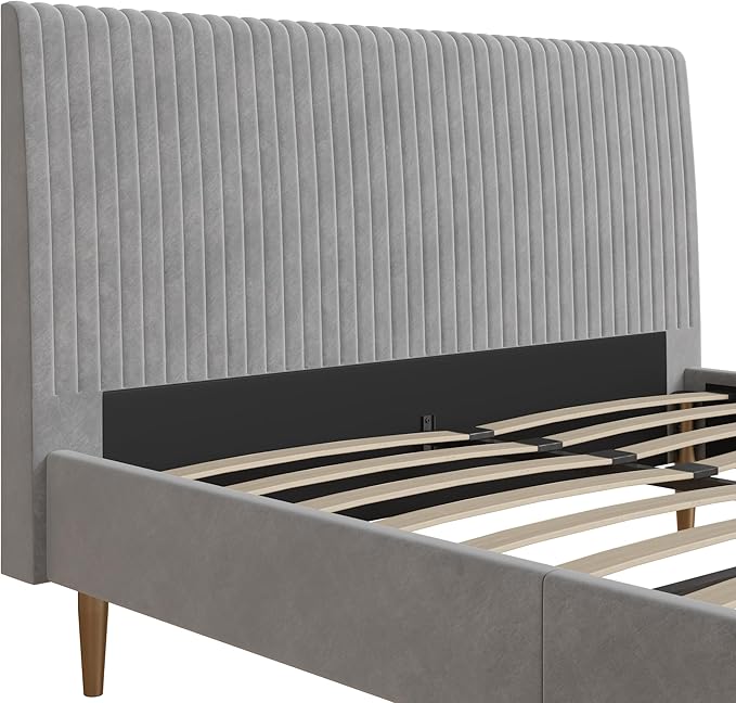 Mr. Kate Daphne Upholstered Queen Bed Frame with Headboard, Modern Platform Velvet Queen Bed Frame, Light Gray Velvet