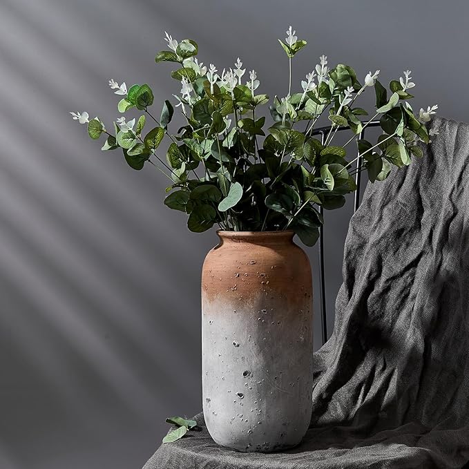 Ceramic Farmhouse Vase for Decor | 11.5 Inch Large Ceramic Rustic Vintage Flower Pottery Vase for Home Countertop, Living Room, Shelf, Centerpiece and Table Deocration, Brown