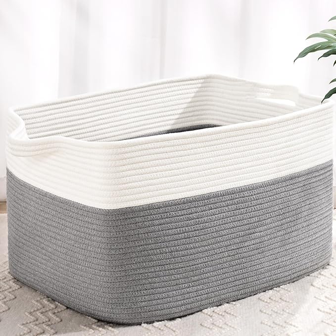 Large Blanket Basket, 60 L Rectangle Storage Baskets for Organizing, Woven Laundry Basket for Blankets, Cotton rope Blanket Storage for Living Room, Nursery Room, Gray