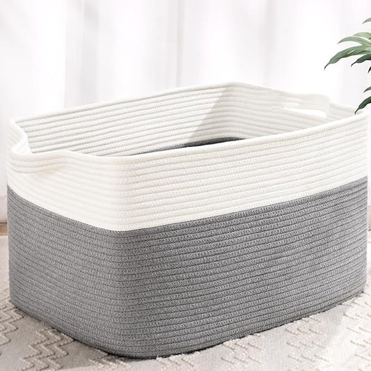 Large Blanket Basket, 60 L Rectangle Storage Baskets for Organizing, Woven Laundry Basket for Blankets, Cotton rope Blanket Storage for Living Room, Nursery Room, Gray