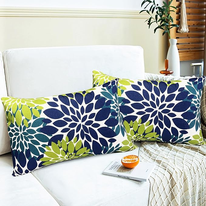Decorative Throw Pillow Covers Set of 2 Blue Green Pillow Covers 12x20 Inch Couch Pillow Covers for Sofa Living Room Outdoor Throw Pillow Cover Linen Floral Flower Farmhouse Pillowcase