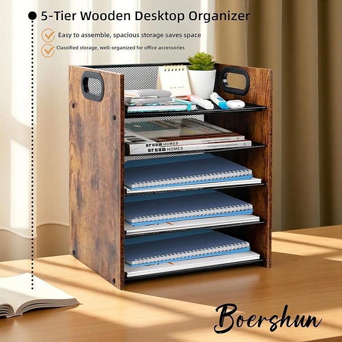 Wood Desk Organizer - 5-Tier Desktop File Organizer, Wooden Paper Tray, Office Desk Organzier and Accessories for Papers, Mail, Notebooks, Stationery